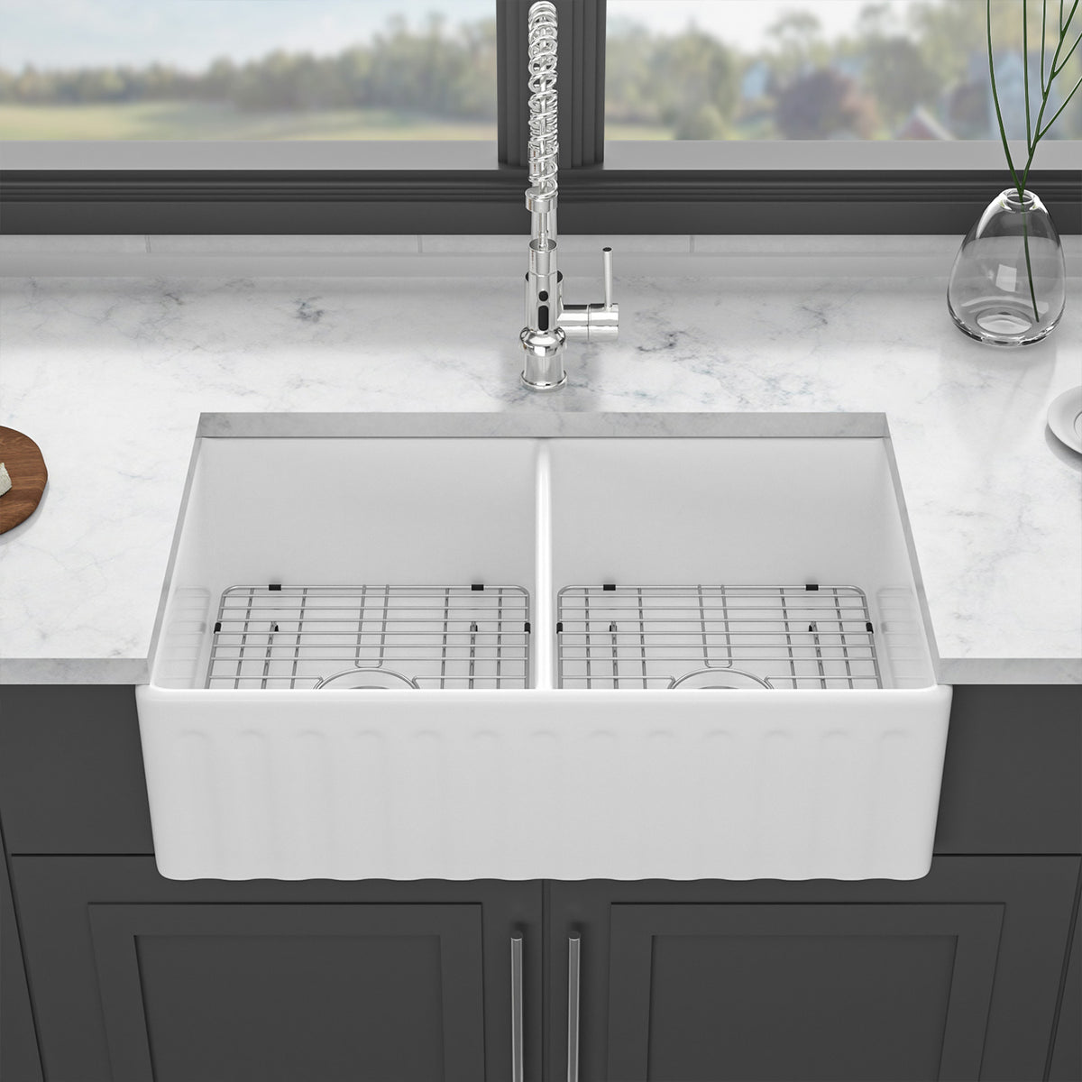 33 in. x 20 in. White Porcelain Ceramic Reversible Farmhouse Kitchen Sink, 10 in. Deep Double Bowl Farm Sink with 304 Stainless Steel Grids
