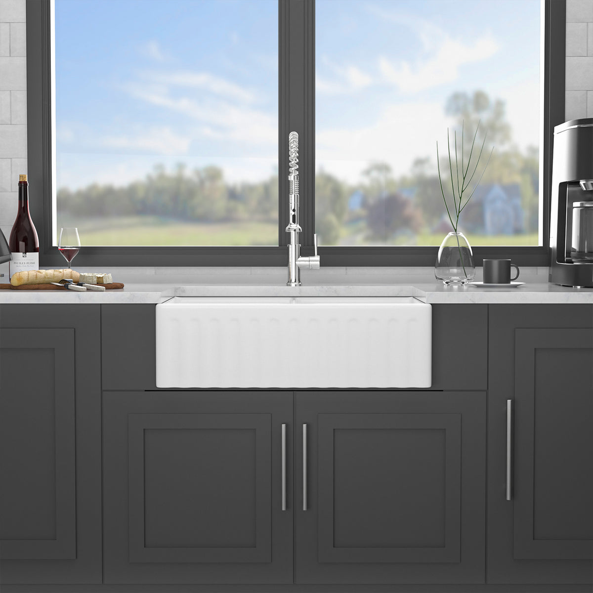33 in. x 20 in. White Porcelain Ceramic Reversible Farmhouse Kitchen Sink, 10 in. Deep Double Bowl Farm Sink with 304 Stainless Steel Grids