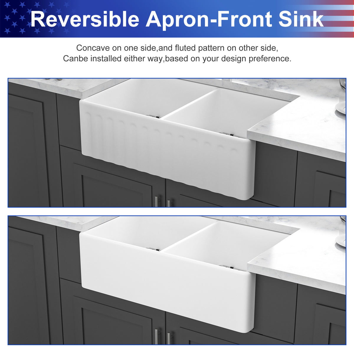 33 in. x 20 in. White Porcelain Ceramic Reversible Farmhouse Kitchen Sink, 10 in. Deep Double Bowl Farm Sink with 304 Stainless Steel Grids
