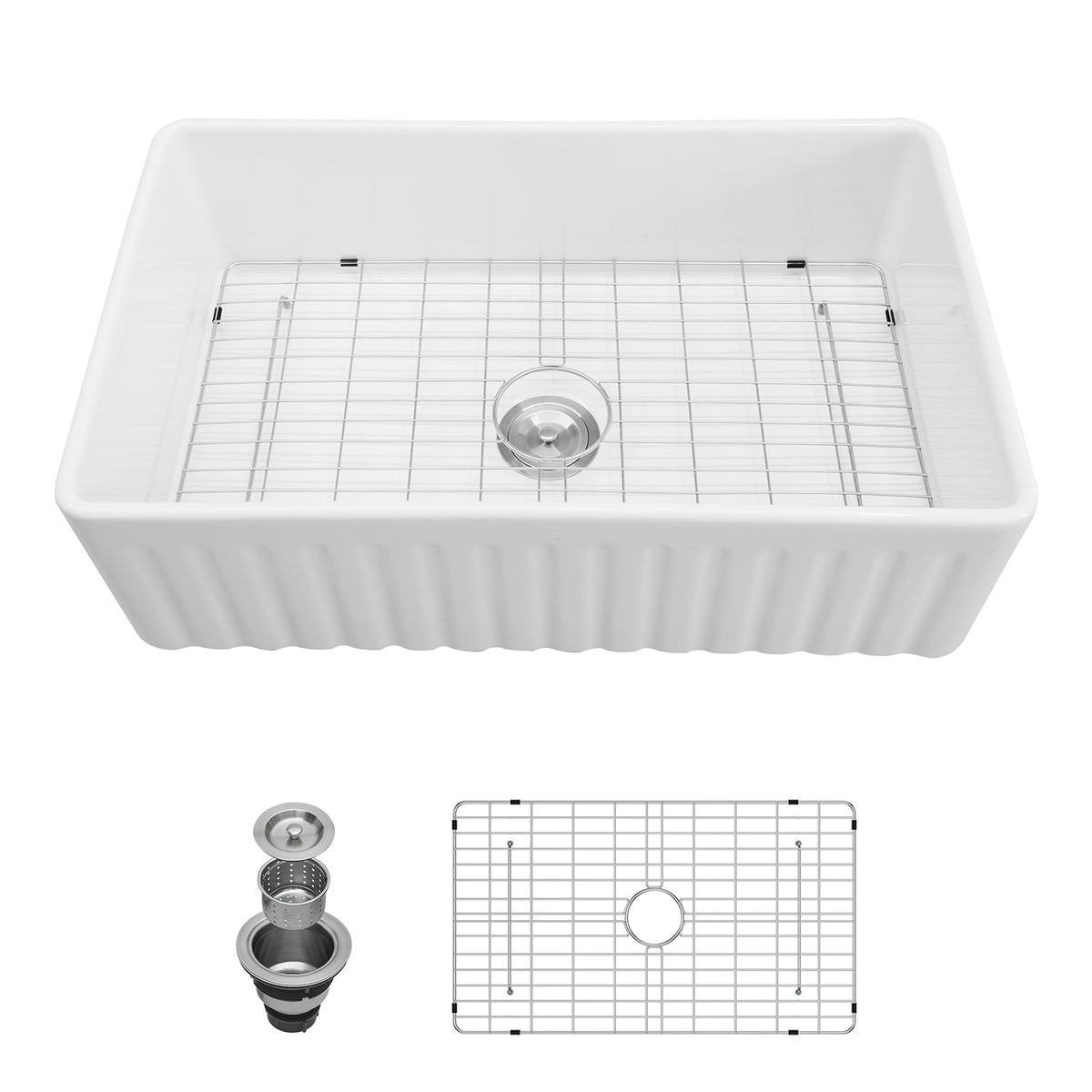 White Porcelain Ceramic Reversible Kitchen Sink, 10 in. Deep Single Bowl Sink with Fluted & Concave Sides