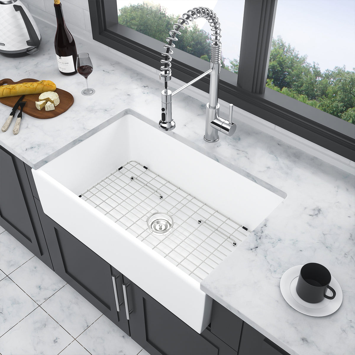 White Porcelain Ceramic Reversible Kitchen Sink, 10 in. Deep Single Bowl Sink with Fluted & Concave Sides