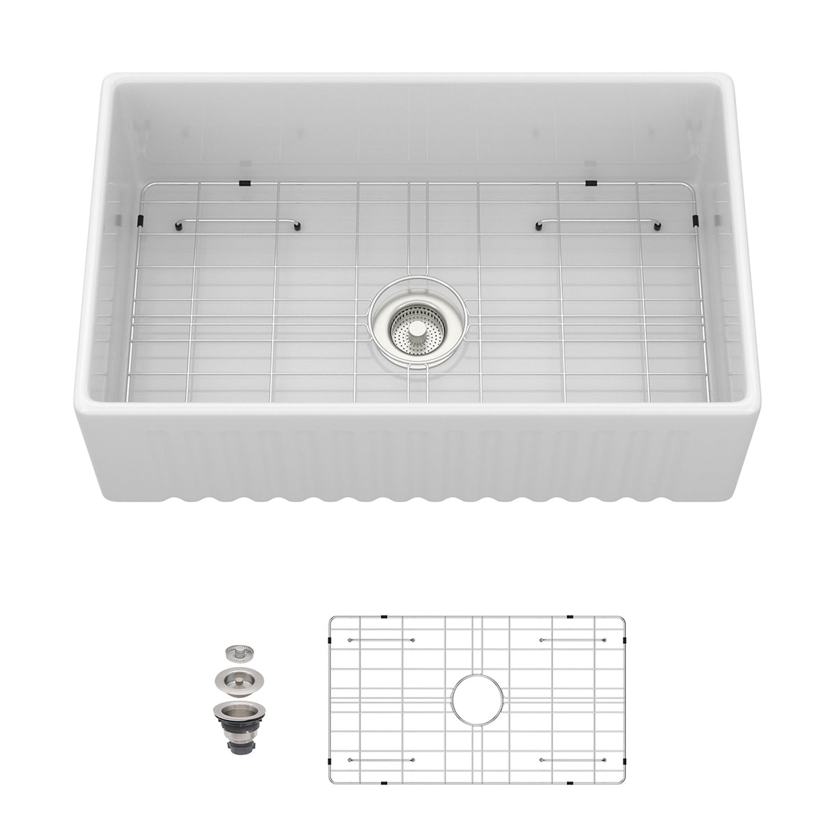 30 in. x 18 in. White Porcelain Ceramic Reversible Farmhouse Kitchen Sink, 10 in. Deep Single Bowl Apron Front Sink with 304 Stainless Steel Grid
