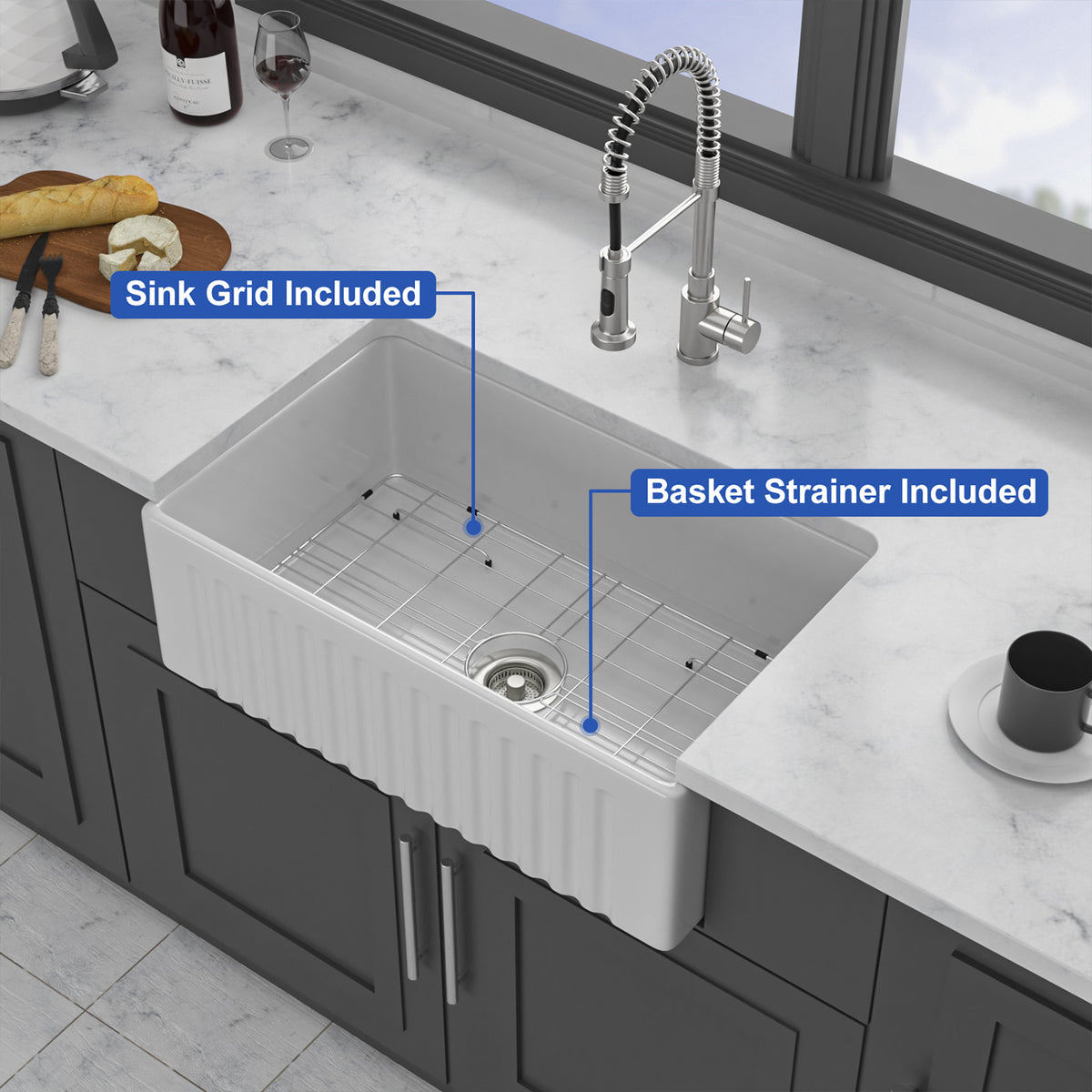 30 in. x 18 in. White Porcelain Ceramic Reversible Farmhouse Kitchen Sink, 10 in. Deep Single Bowl Apron Front Sink with 304 Stainless Steel Grid