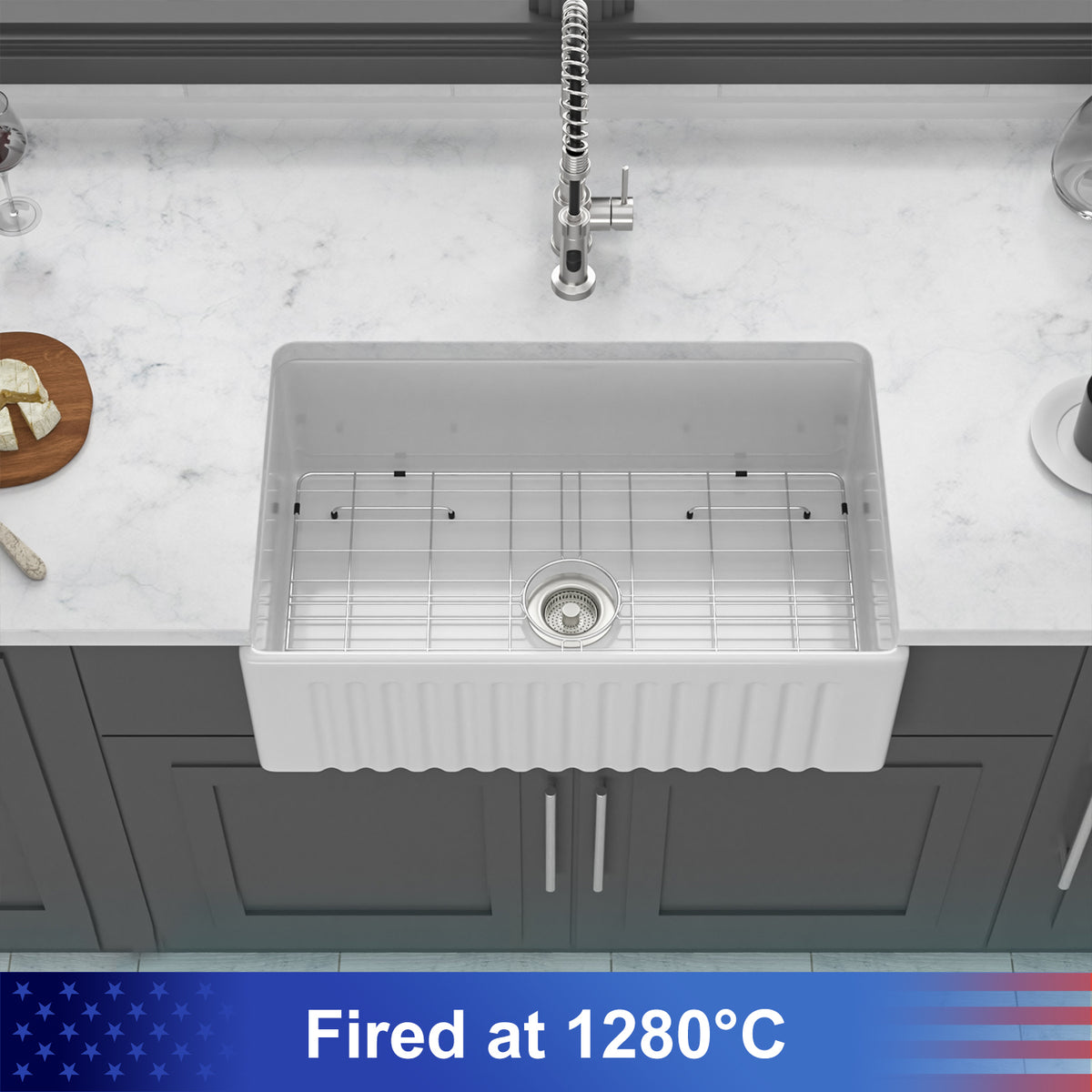 30 in. x 18 in. White Porcelain Ceramic Reversible Farmhouse Kitchen Sink, 10 in. Deep Single Bowl Apron Front Sink with 304 Stainless Steel Grid