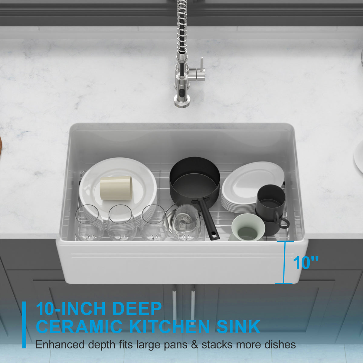 30 in. x 18 in. White Porcelain Ceramic Reversible Farmhouse Kitchen Sink, 10 in. Deep Single Bowl Apron Front Sink with 304 Stainless Steel Grid