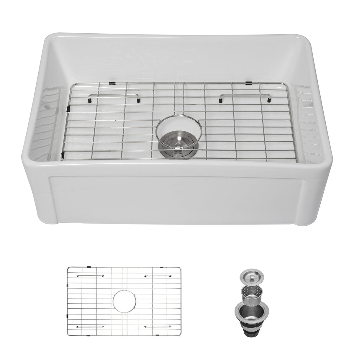 30 in. x 20 in. White Ceramic Porcelain Reversible Farmhouse Kitchen Sink, 10 in. Deep Single Bowl Apron Front Sink with 304 Stainless Steel Grid
