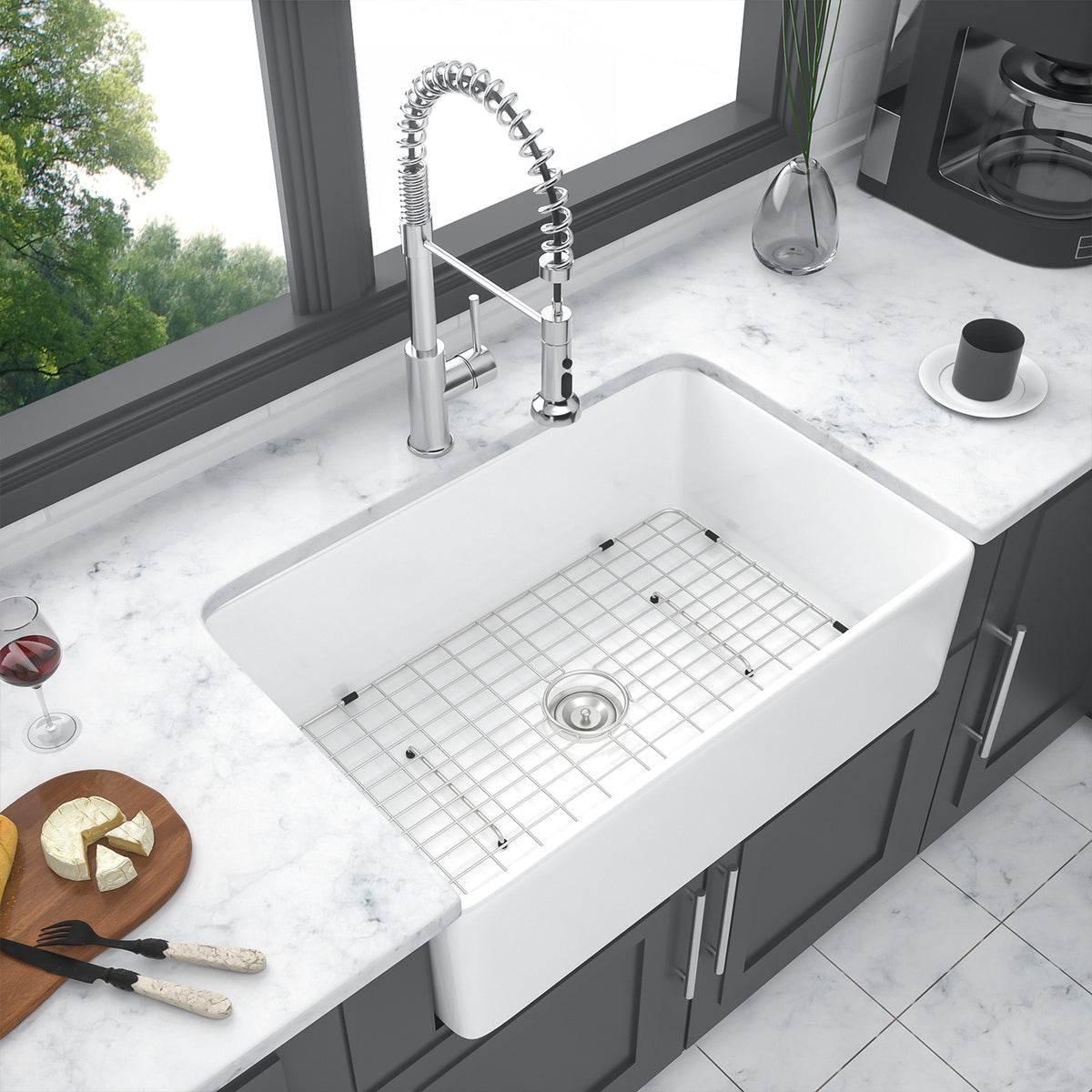 30 in. x 20 in. White Ceramic Porcelain Reversible Farmhouse Kitchen Sink, 10 in. Deep Single Bowl Apron Front Sink with 304 Stainless Steel Grid