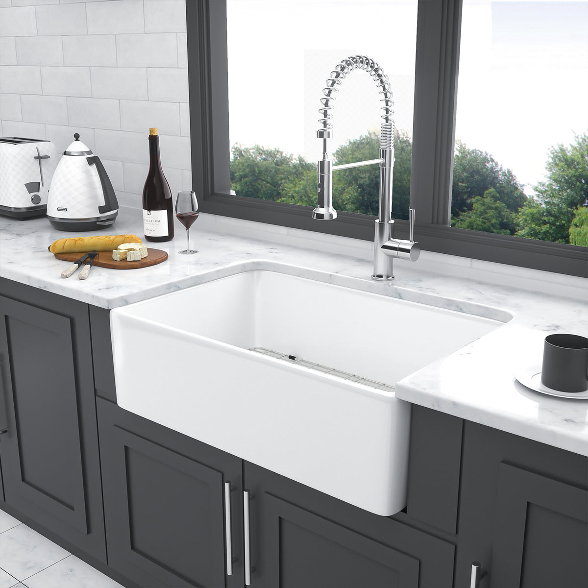 30 in. x 20 in. White Ceramic Porcelain Reversible Farmhouse Kitchen Sink, 10 in. Deep Single Bowl Apron Front Sink with 304 Stainless Steel Grid