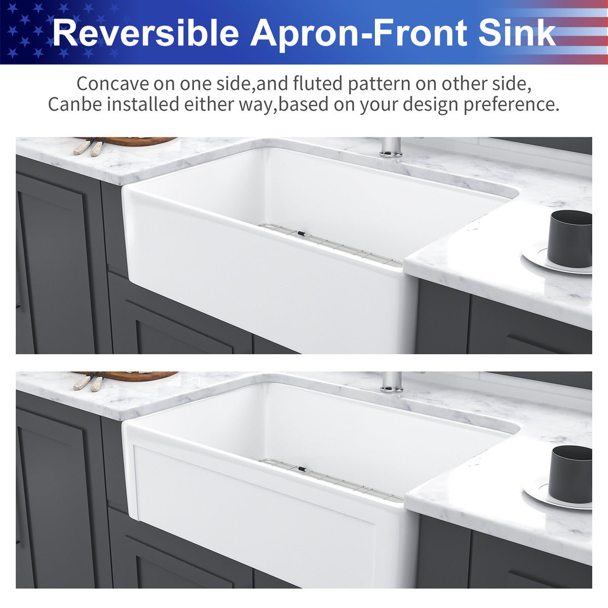 30 in. x 20 in. White Ceramic Porcelain Reversible Farmhouse Kitchen Sink, 10 in. Deep Single Bowl Apron Front Sink with 304 Stainless Steel Grid