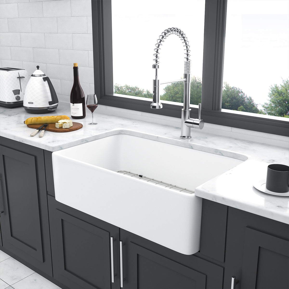 White Ceramic Porcelain Farmhouse Kitchen Sink, 9 in. Deep Single Bowl Apron Front Sink with 304 Stainless Steel Grid