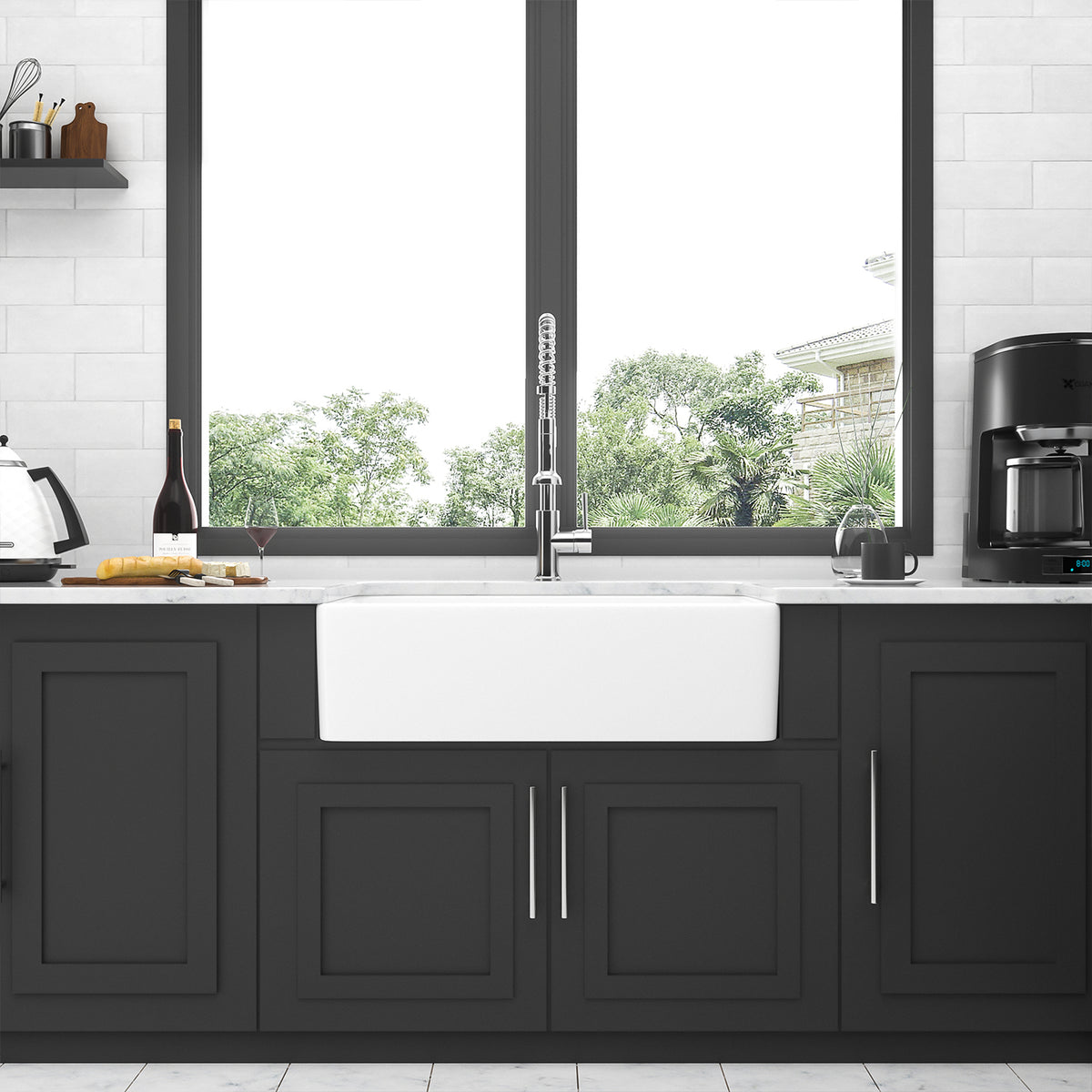 White Ceramic Porcelain Farmhouse Kitchen Sink, 9 in. Deep Single Bowl Apron Front Sink with 304 Stainless Steel Grid
