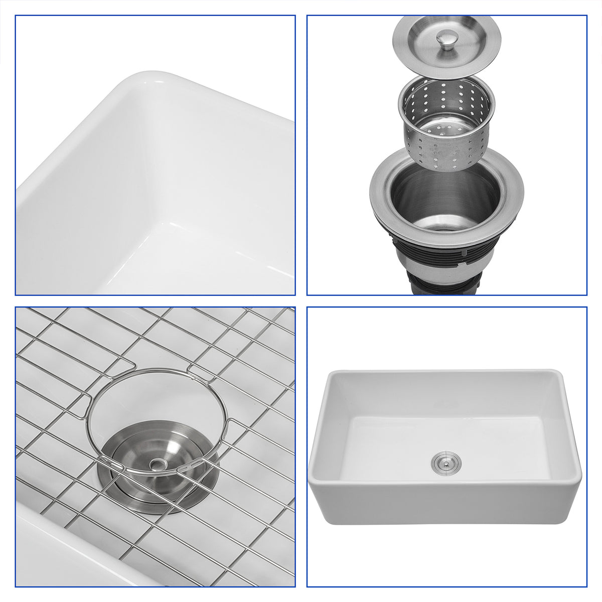 White Ceramic Porcelain Farmhouse Kitchen Sink, 9 in. Deep Single Bowl Apron Front Sink with 304 Stainless Steel Grid