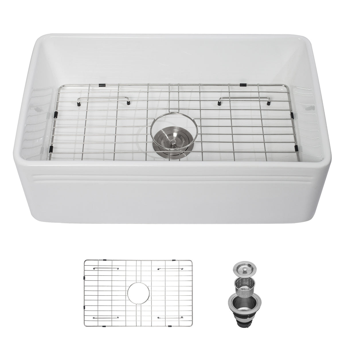 30 in. x 18 in. White Porcelain Ceramic Reversible Farmhouse Kitchen Sink, 10 in. Deep Single Bowl Apron Front Sink with 304 Stainless Steel Grid