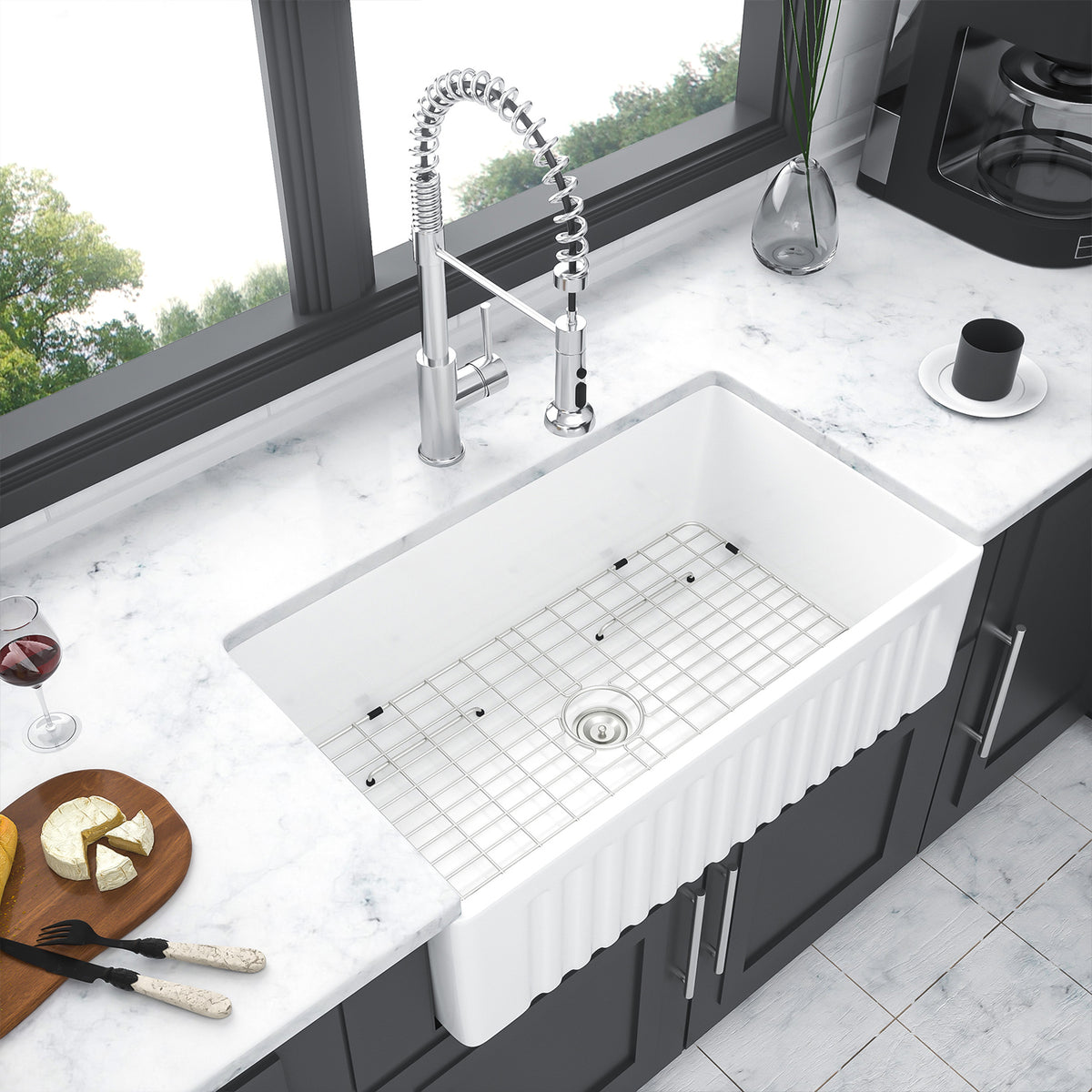 30 in. x 18 in. White Porcelain Ceramic Reversible Farmhouse Kitchen Sink, 10 in. Deep Single Bowl Apron Front Sink with 304 Stainless Steel Grid
