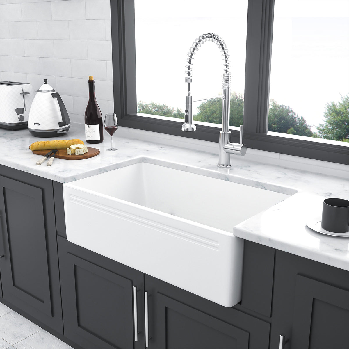 30 in. x 18 in. White Porcelain Ceramic Reversible Farmhouse Kitchen Sink, 10 in. Deep Single Bowl Apron Front Sink with 304 Stainless Steel Grid
