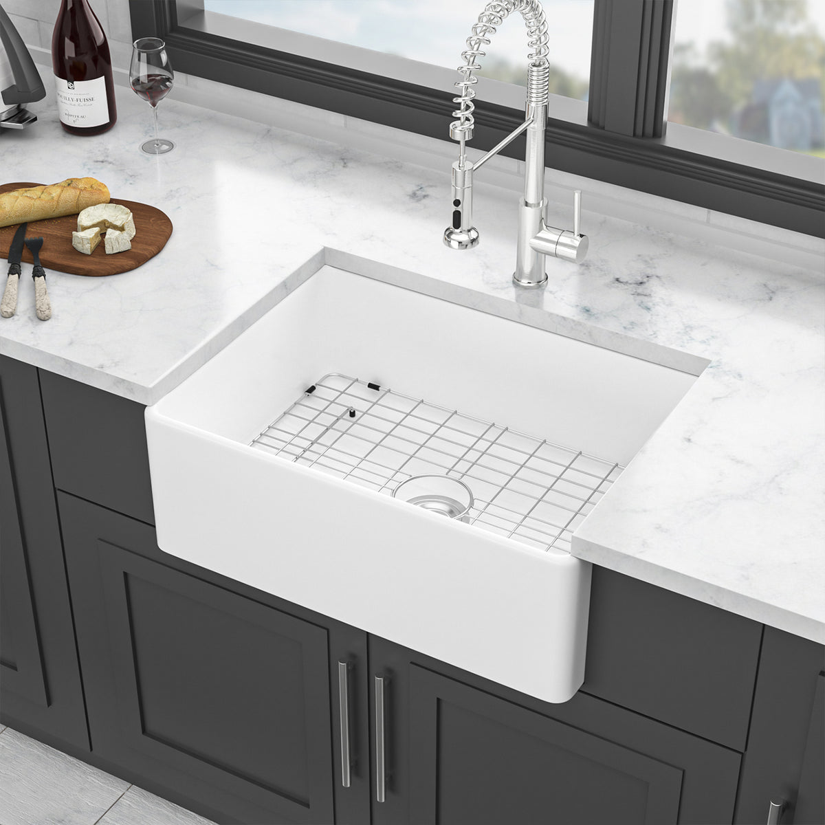 White Porcelain Ceramic Farmhouse Kitchen Sink, 10 in. Deep Single Bowl Apron Front Sink with 304 Stainless Steel Grid & Basket Strainer