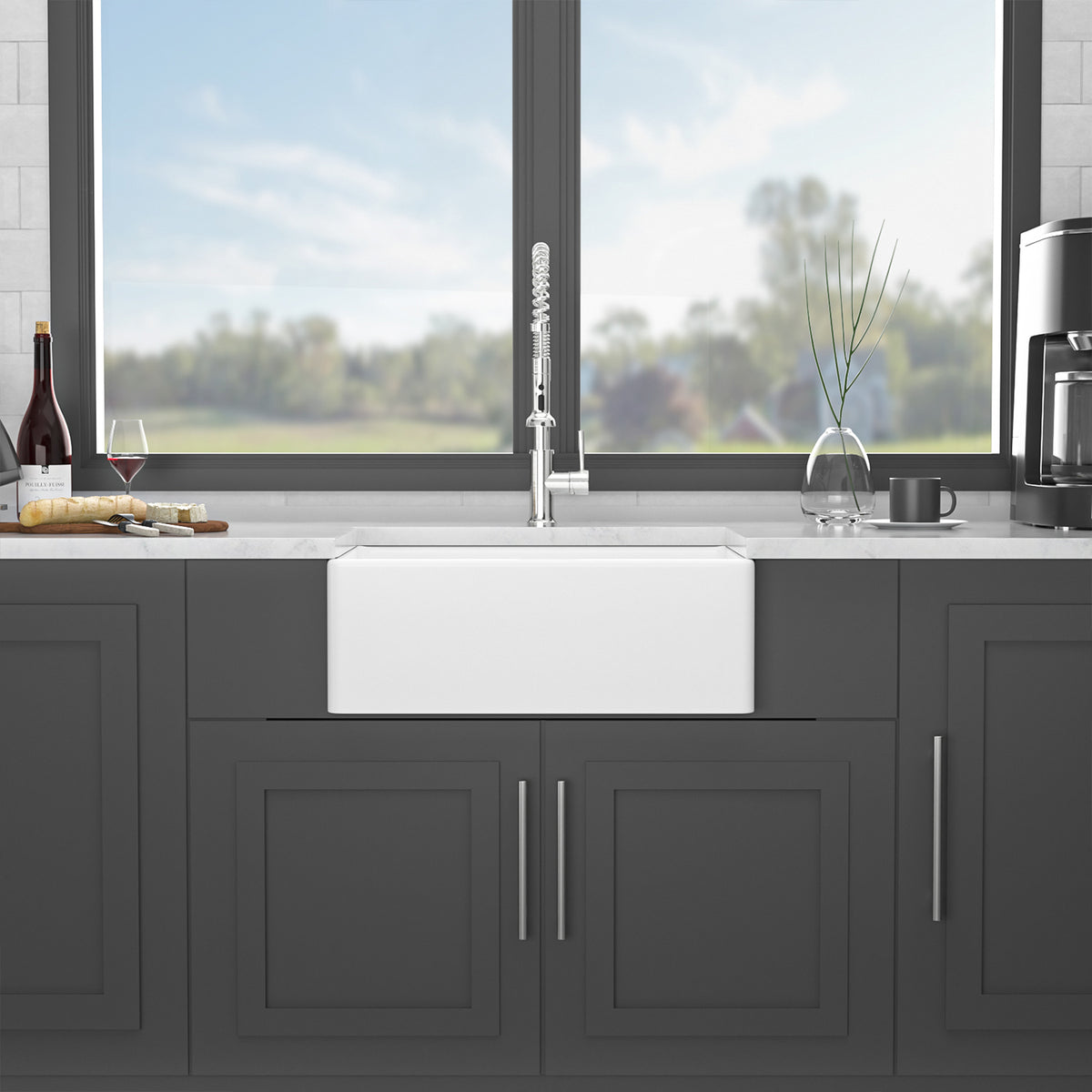 White Porcelain Ceramic Farmhouse Kitchen Sink, 10 in. Deep Single Bowl Apron Front Sink with 304 Stainless Steel Grid & Basket Strainer