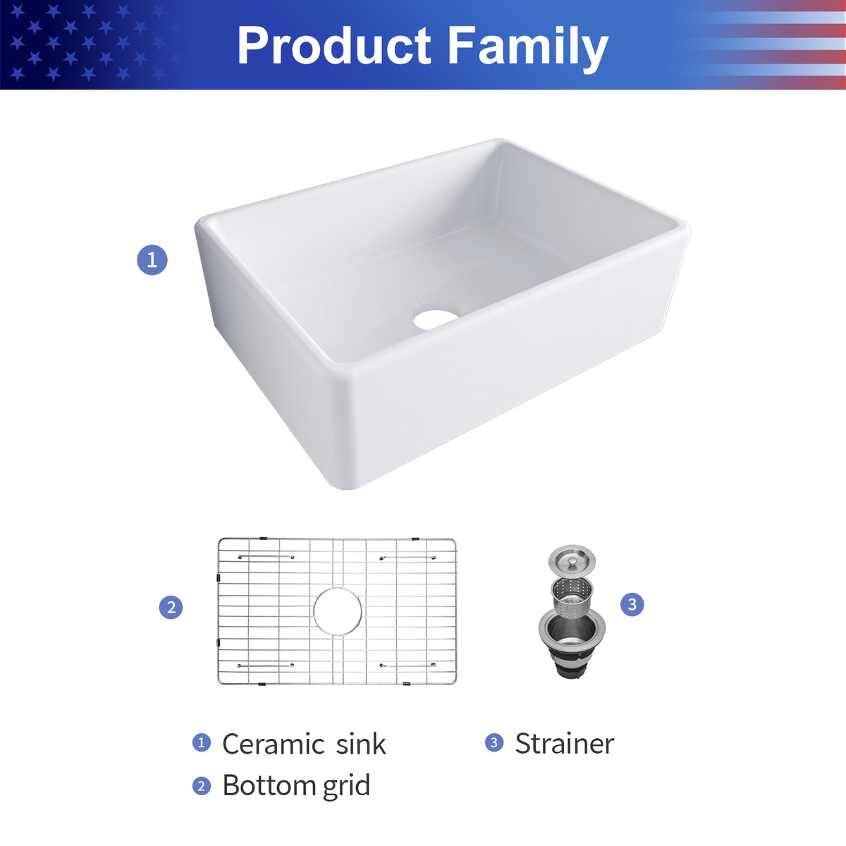White Porcelain Ceramic Farmhouse Kitchen Sink, 10 in. Deep Single Bowl Apron Front Sink with 304 Stainless Steel Grid & Basket Strainer