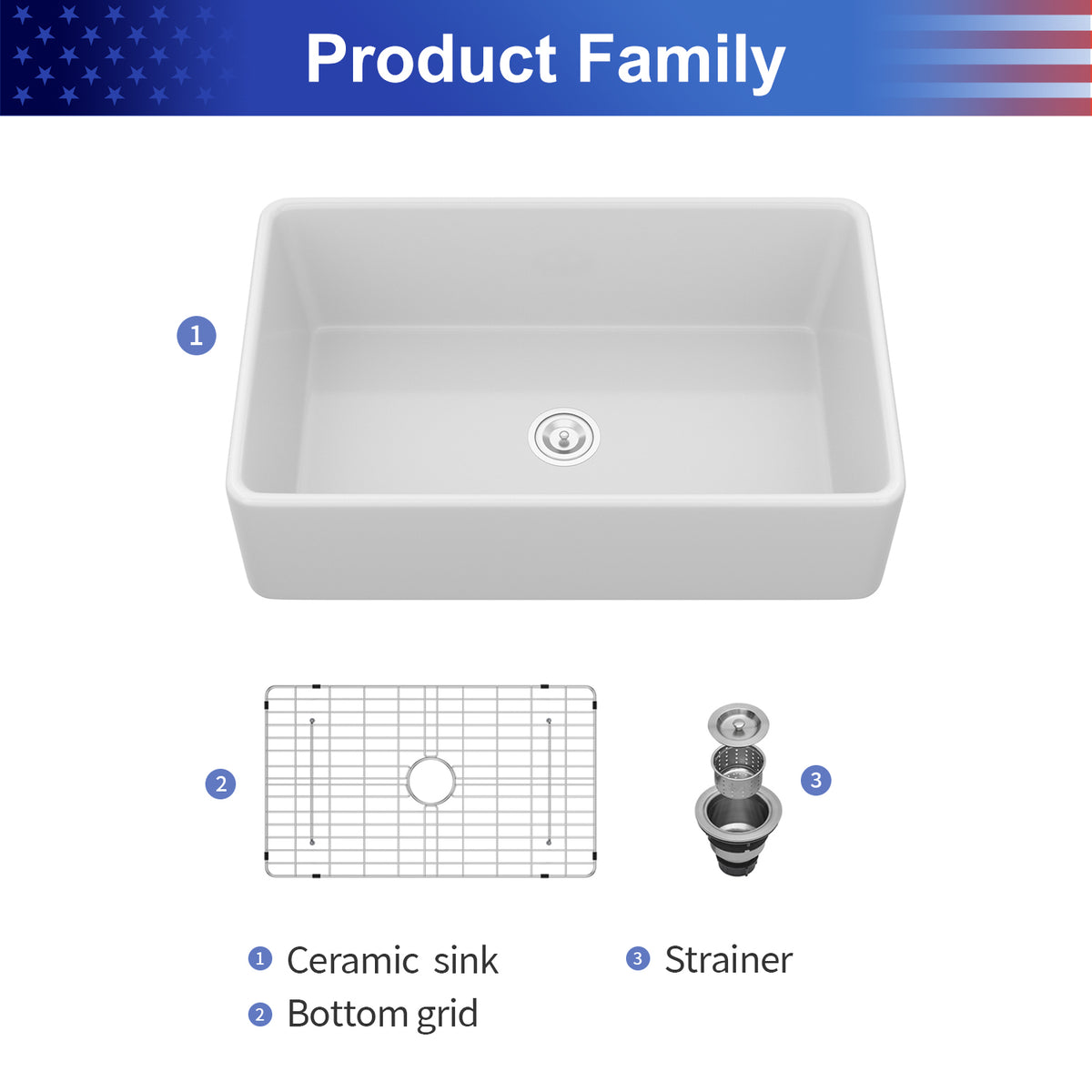 White Porcelain Ceramic Farmhouse Kitchen Sink, 10 in. Deep Single Bowl Apron Front Sink with 304 Stainless Steel Grid & Basket Strainer
