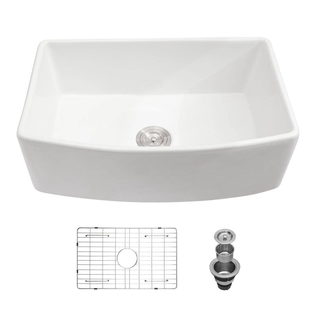 White Porcelain Ceramic Farmhouse Kitchen Sink, 10 in. Deep Single Bowl Apron Front Sink with 304 Stainless Steel Grid & Basket Strainer