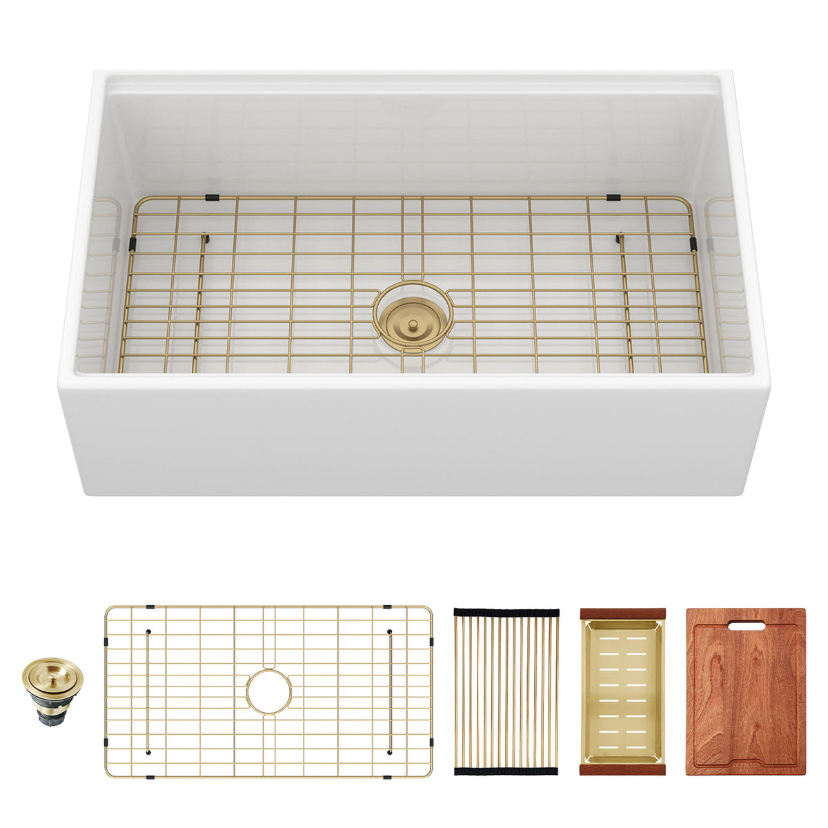 33 in. x 20 in. White Porcelain Ceramic Workstation Farmhouse Kitchen Sink, 10 in. Deep Single Bowl Apron Front Sink with Gold Accessories & Cutting Board