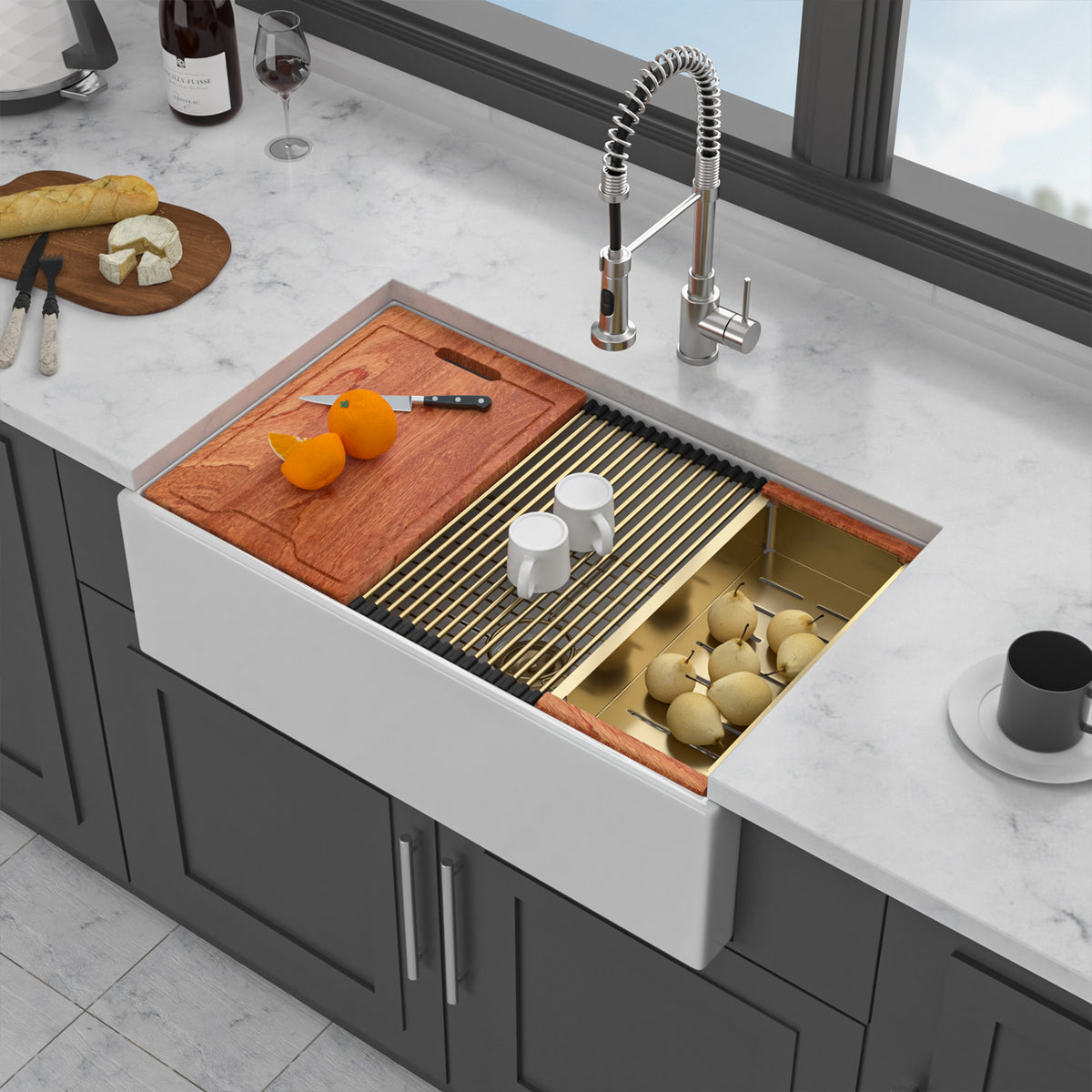 33 in. x 20 in. White Porcelain Ceramic Workstation Farmhouse Kitchen Sink, 10 in. Deep Single Bowl Apron Front Sink with Gold Accessories & Cutting Board