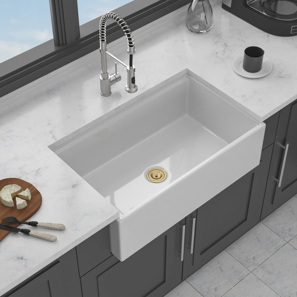 33 in. x 20 in. White Porcelain Ceramic Workstation Farmhouse Kitchen Sink, 10 in. Deep Single Bowl Apron Front Sink with Gold Accessories & Cutting Board