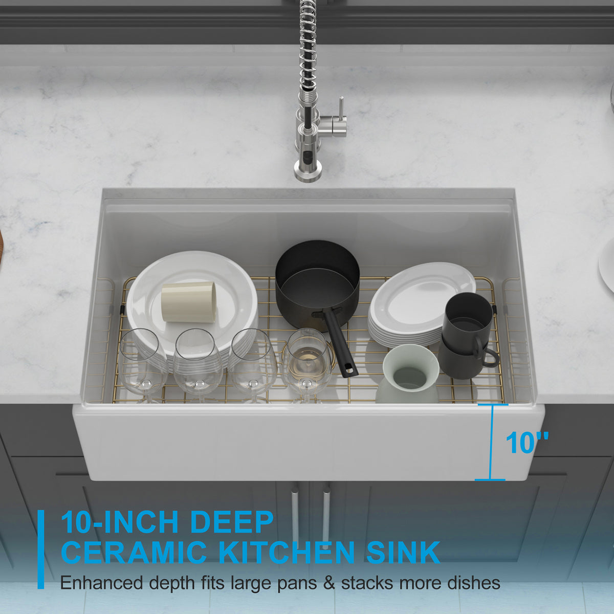 33 in. x 20 in. White Porcelain Ceramic Workstation Farmhouse Kitchen Sink, 10 in. Deep Single Bowl Apron Front Sink with Gold Accessories & Cutting Board