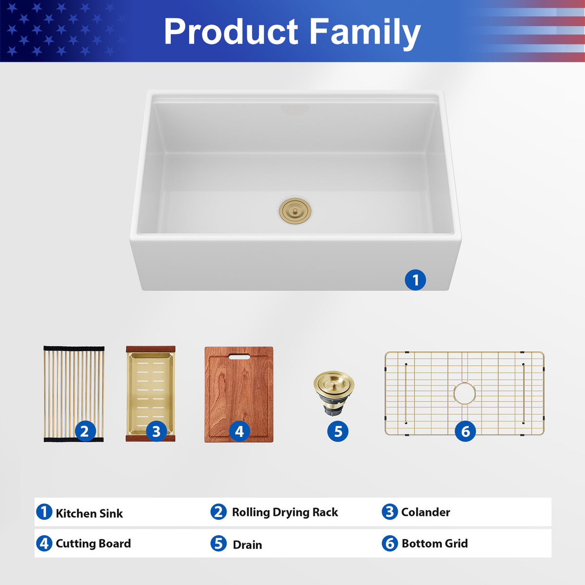 33 in. x 20 in. White Porcelain Ceramic Workstation Farmhouse Kitchen Sink, 10 in. Deep Single Bowl Apron Front Sink with Gold Accessories & Cutting Board