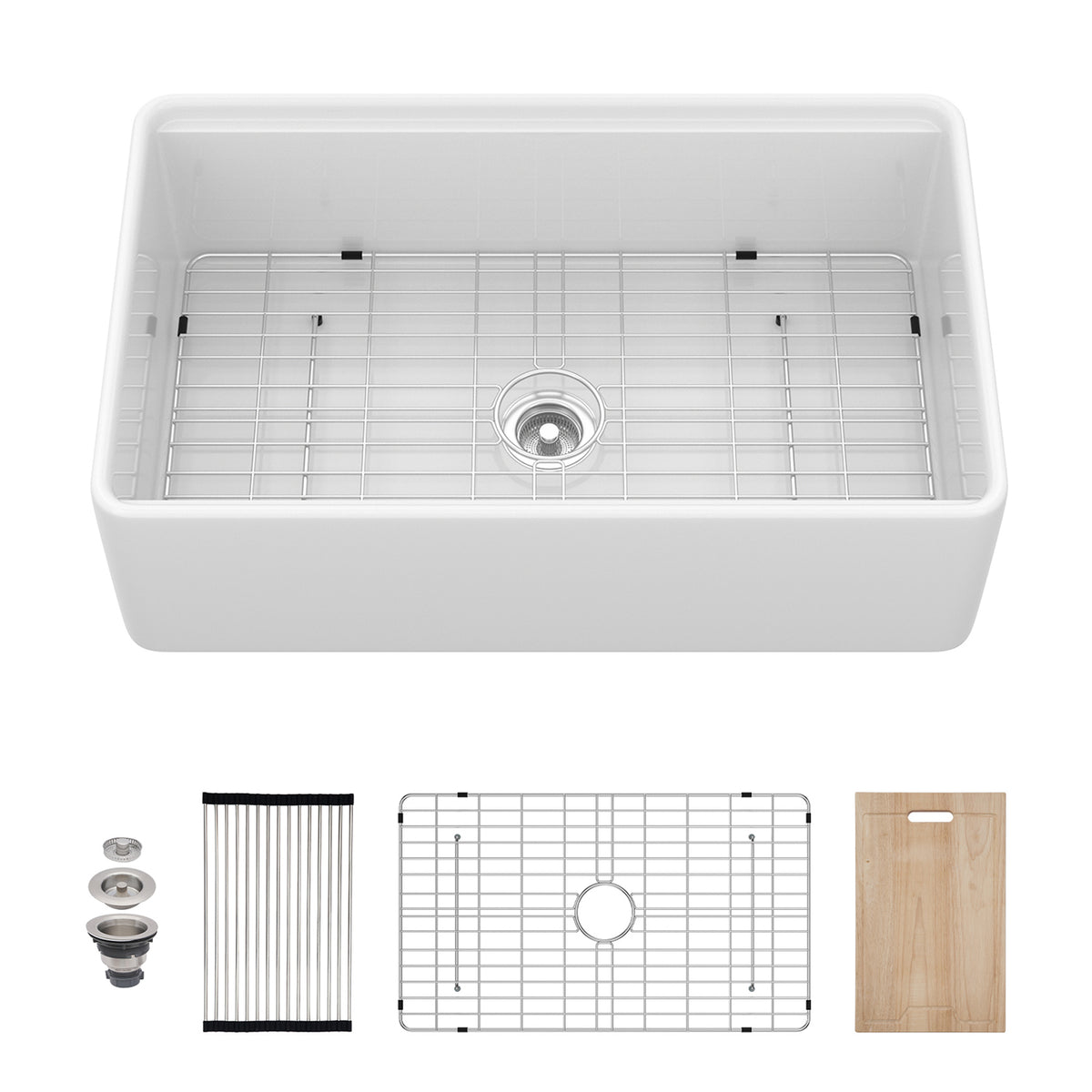 White Porcelain Ceramic Workstation Farmhouse Kitchen Sink, 10 in. Deep Single Bowl Apron Front Sink with Cutting Board & Accessories
