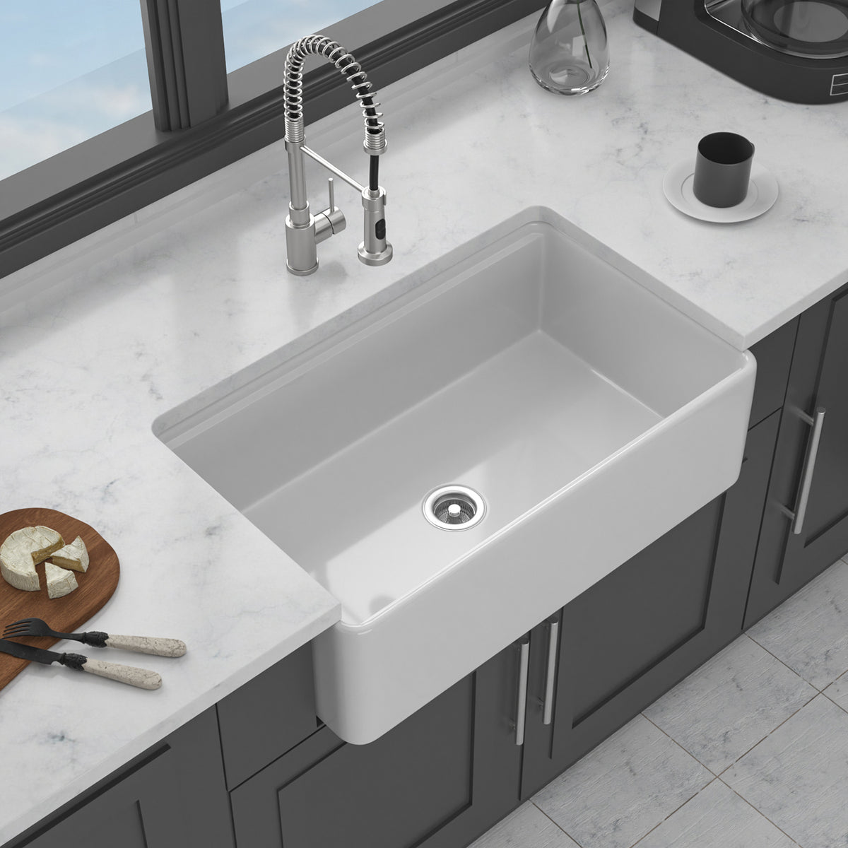 White Porcelain Ceramic Workstation Farmhouse Kitchen Sink, 10 in. Deep Single Bowl Apron Front Sink with Cutting Board & Accessories