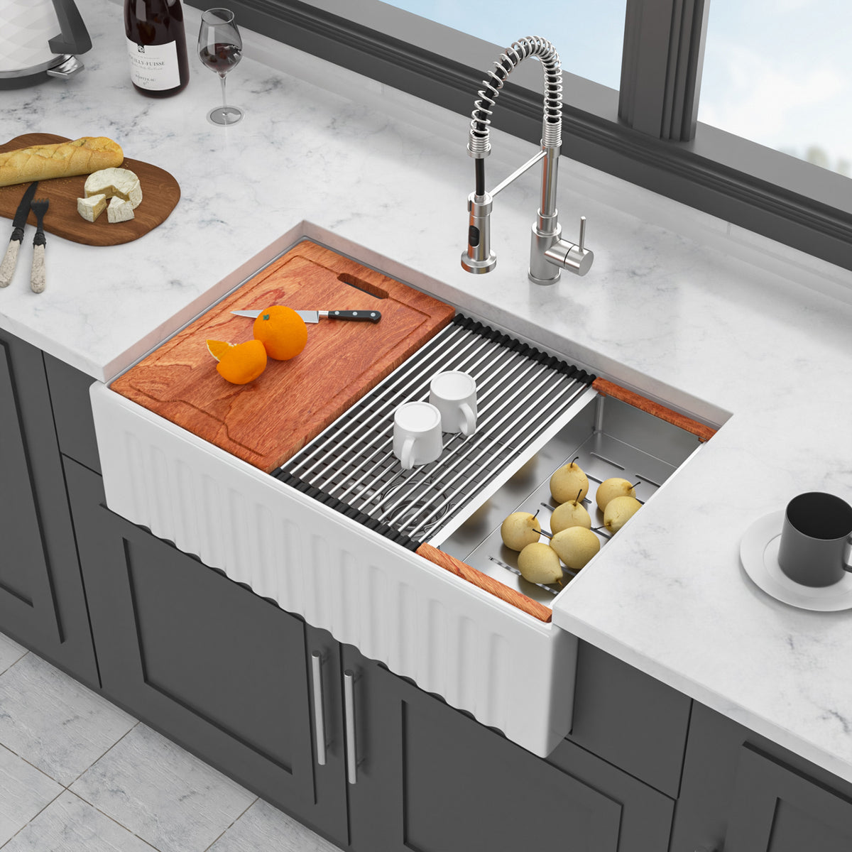 33 in. x 20 in. Porcelain Ceramic Reversible Workstation Farmhouse Kitchen Sink, 10 in. Deep Single Bowl Apron Front Sink with Cutting Board & Accessories