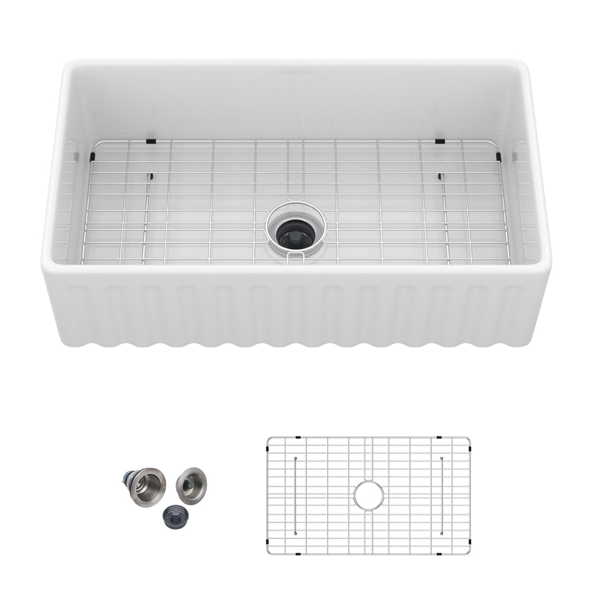 33 in. x 18 in. White Porcelain Ceramic Reversible Farmhouse Kitchen Sink, 10 in. Deep Single Bowl Apron Front Kitchen Sink with 304 Stainless Steel Grid