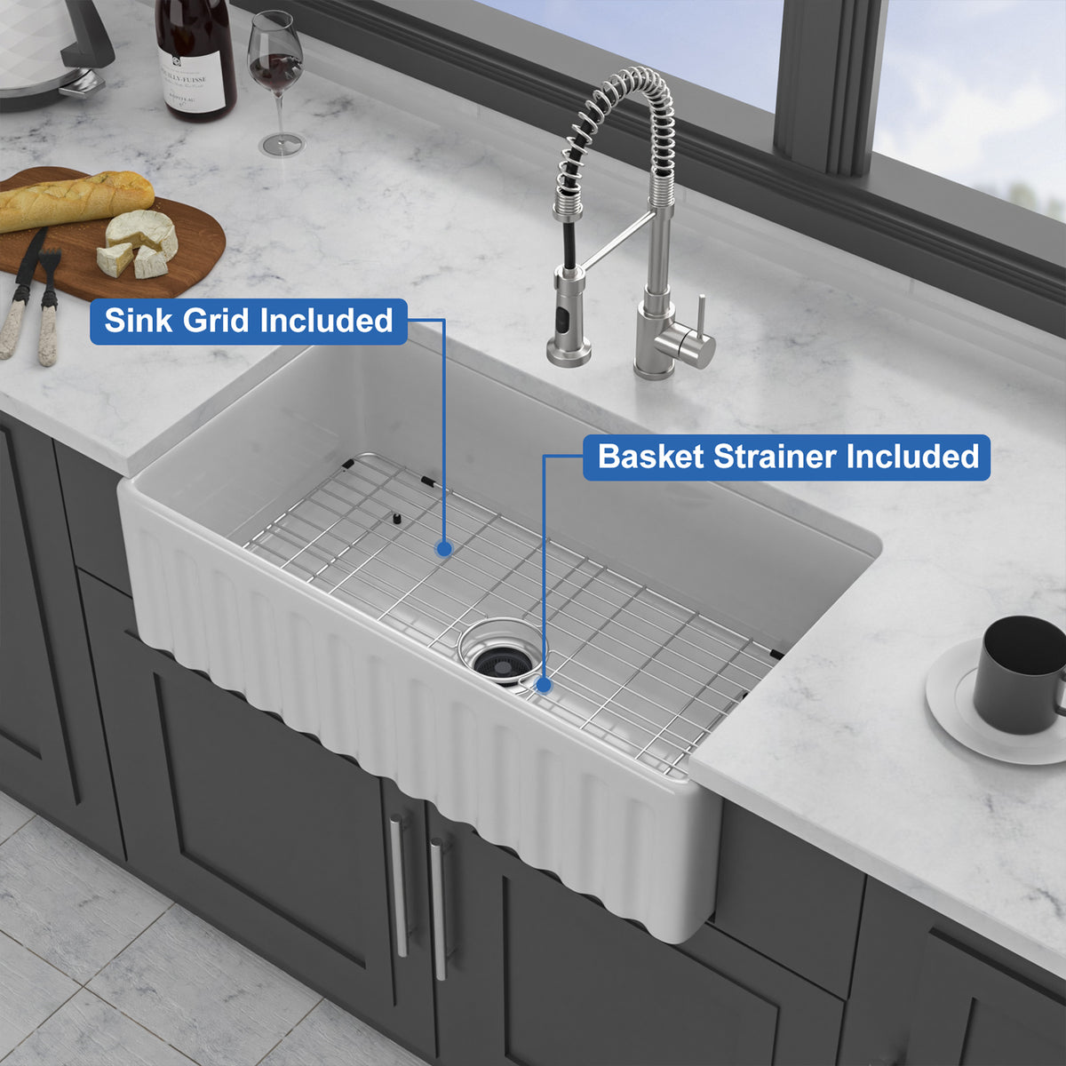 33 in. x 18 in. White Porcelain Ceramic Reversible Farmhouse Kitchen Sink, 10 in. Deep Single Bowl Apron Front Kitchen Sink with 304 Stainless Steel Grid