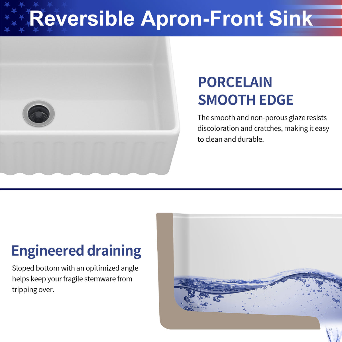 33 in. x 18 in. White Porcelain Ceramic Reversible Farmhouse Kitchen Sink, 10 in. Deep Single Bowl Apron Front Kitchen Sink with 304 Stainless Steel Grid