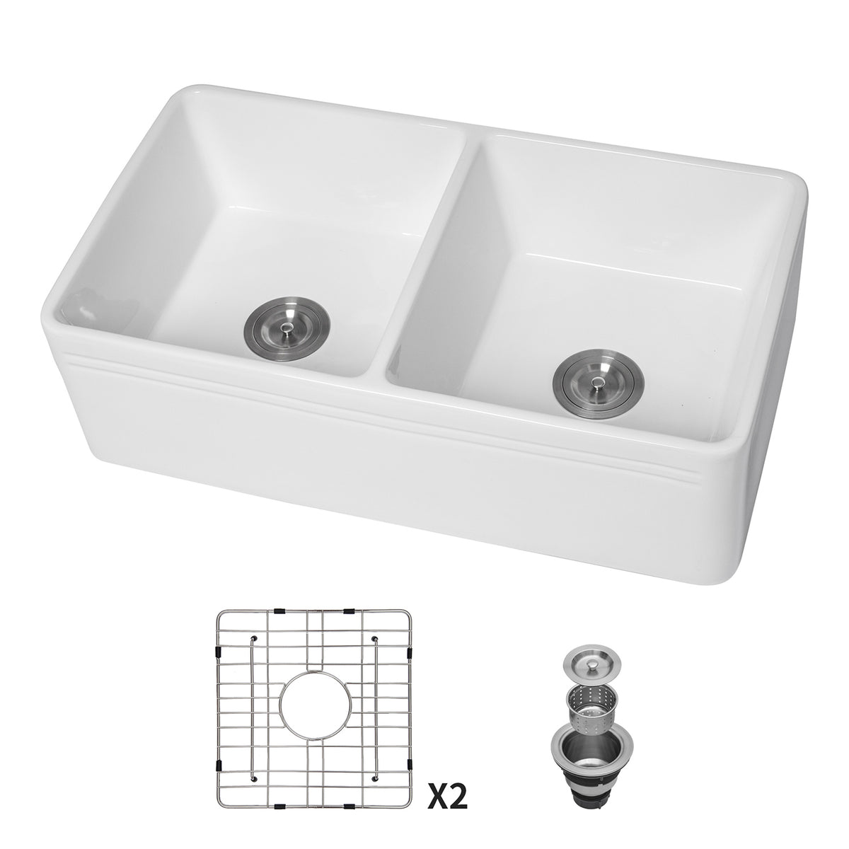 33 in. x 18 in. White Porcelain Ceramic Farmhouse Kitchen Sink, 10 in. Deep Double Bowl 50/50 Apron Front Sink with 304 Stainless Steel Grids & Basket Strainers