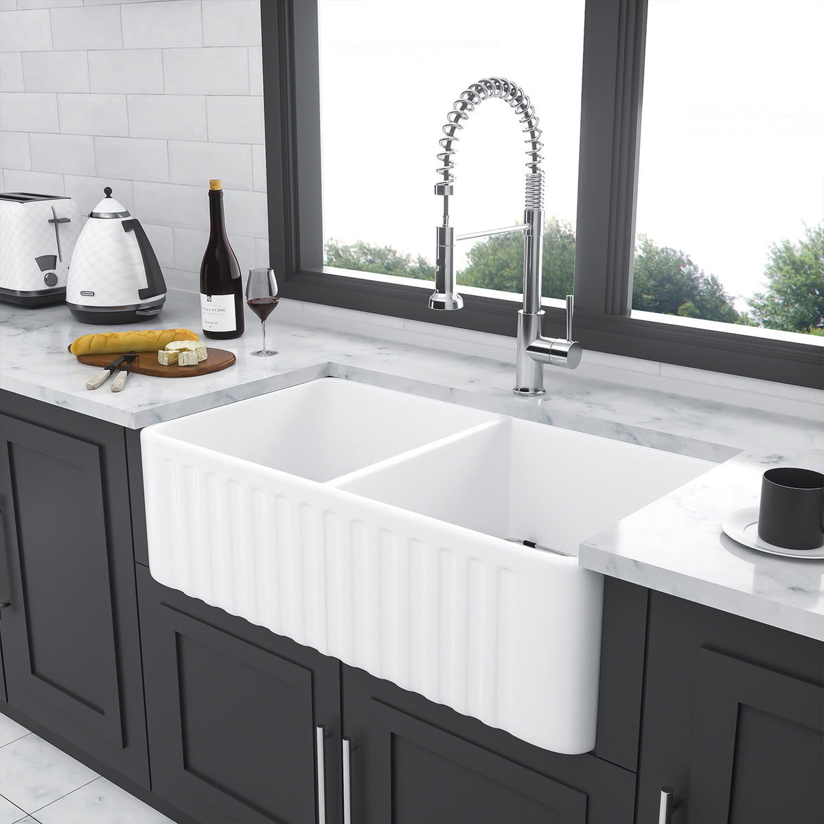 33 in. x 18 in. White Porcelain Ceramic Farmhouse Kitchen Sink, 10 in. Deep Double Bowl 50/50 Apron Front Sink with 304 Stainless Steel Grids & Basket Strainers