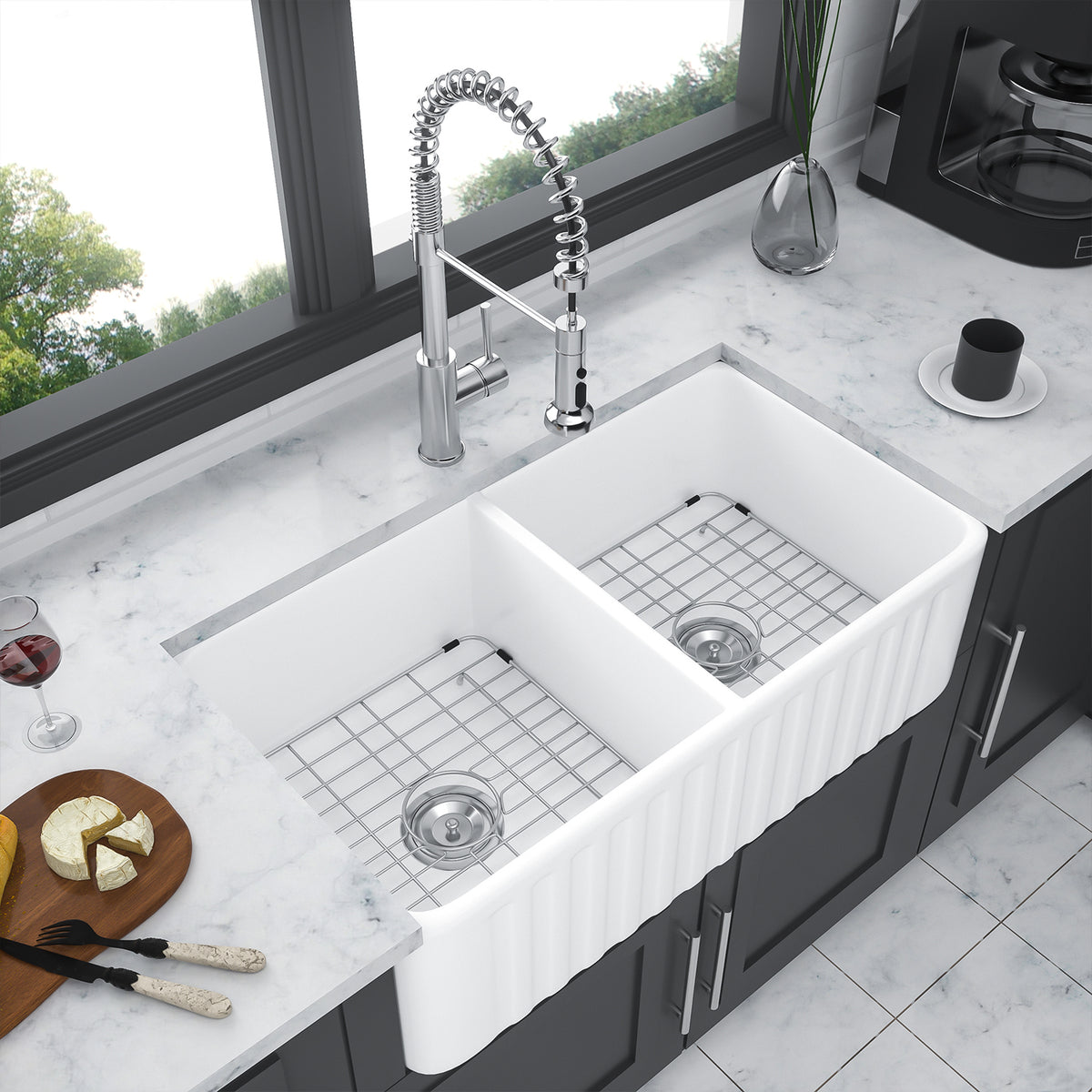 33 in. x 18 in. White Porcelain Ceramic Farmhouse Kitchen Sink, 10 in. Deep Double Bowl 50/50 Apron Front Sink with 304 Stainless Steel Grids & Basket Strainers