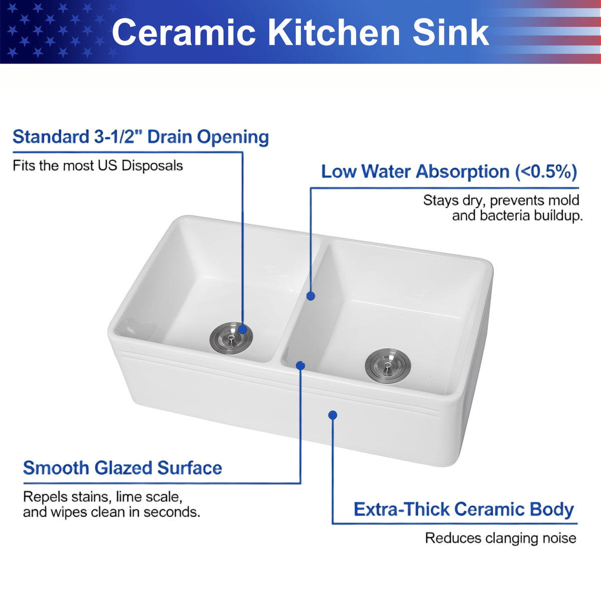 33 in. x 18 in. White Porcelain Ceramic Farmhouse Kitchen Sink, 10 in. Deep Double Bowl 50/50 Apron Front Sink with 304 Stainless Steel Grids & Basket Strainers