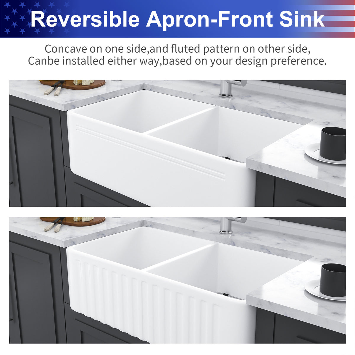 33 in. x 18 in. White Porcelain Ceramic Farmhouse Kitchen Sink, 10 in. Deep Double Bowl 50/50 Apron Front Sink with 304 Stainless Steel Grids & Basket Strainers