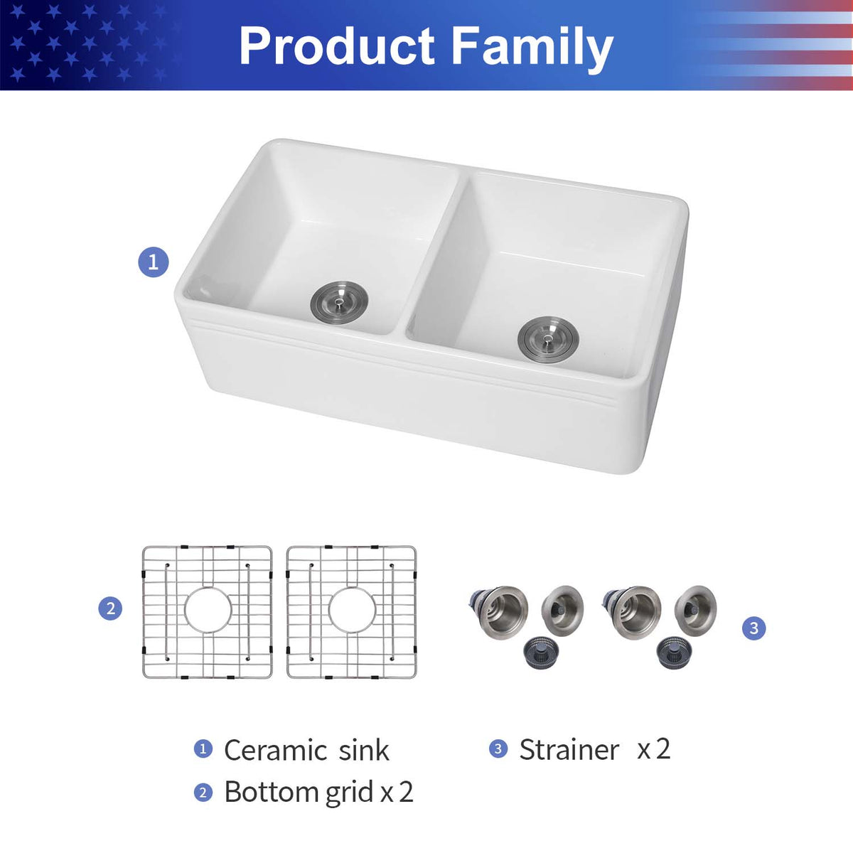 33 in. x 18 in. White Porcelain Ceramic Farmhouse Kitchen Sink, 10 in. Deep Double Bowl 50/50 Apron Front Sink with 304 Stainless Steel Grids & Basket Strainers
