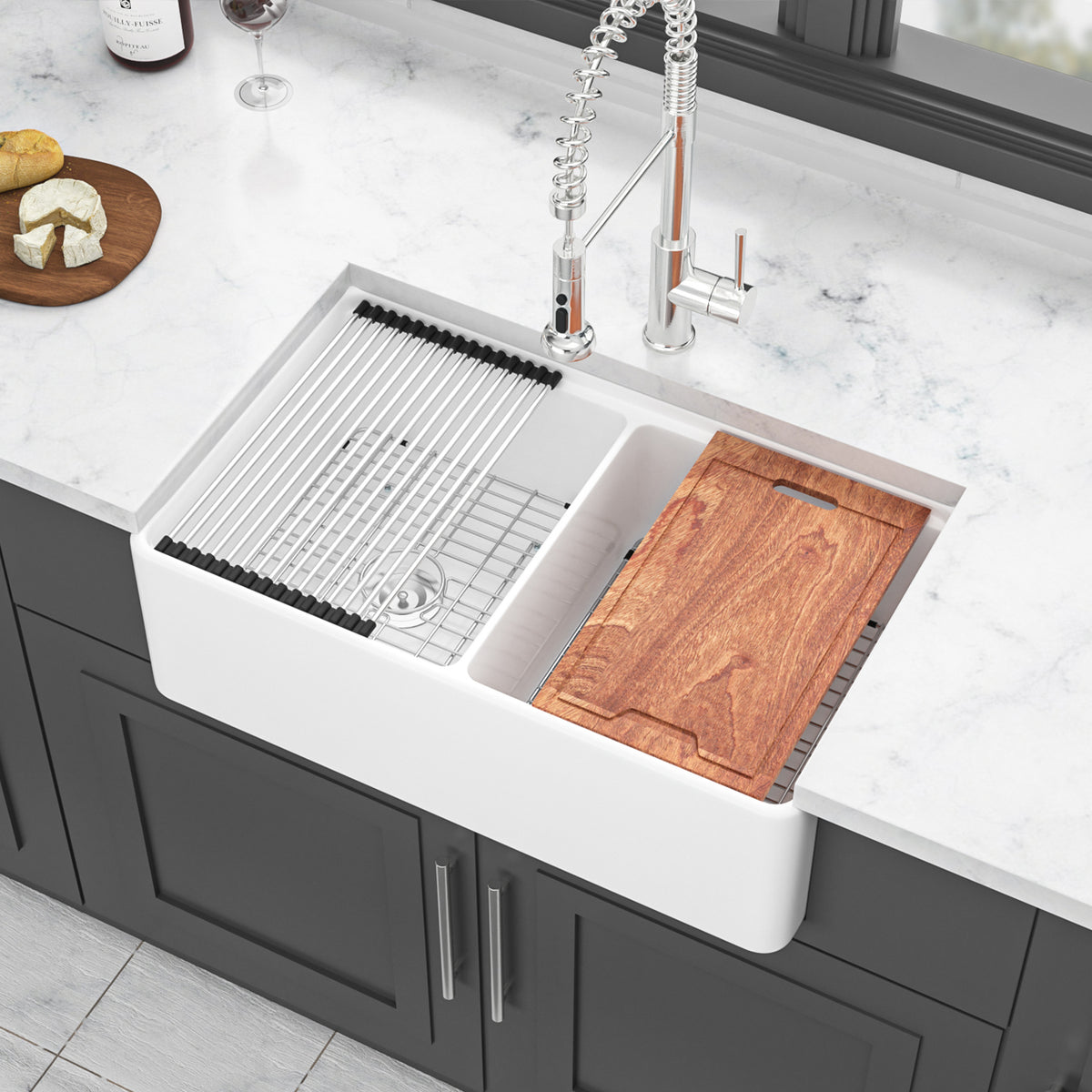 33 in. x 20 in. White Porcelain Ceramic Workstation Farmhouse Kitchen Sink, 10 in. Deep Double Bowl 50/50 Apron Front Sink with Cutting Board & Accessories