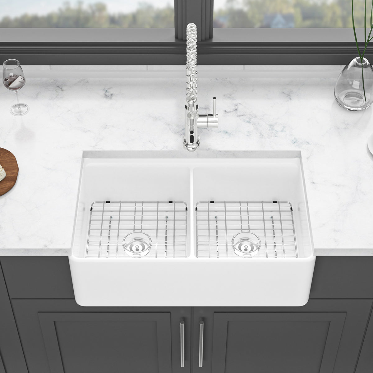33 in. x 20 in. White Porcelain Ceramic Workstation Farmhouse Kitchen Sink, 10 in. Deep Double Bowl 50/50 Apron Front Sink with Cutting Board & Accessories