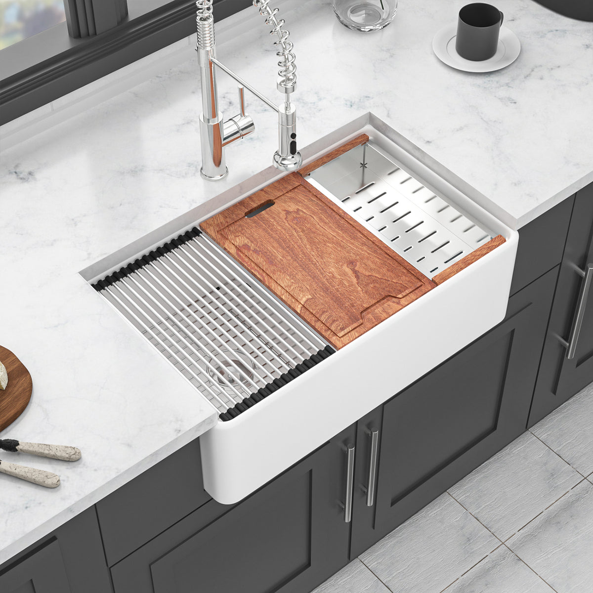33 in. x 20 in. White Porcelain Ceramic Workstation Farmhouse Kitchen Sink, 10 in. Deep Double Bowl 50/50 Apron Front Sink with Cutting Board & Accessories
