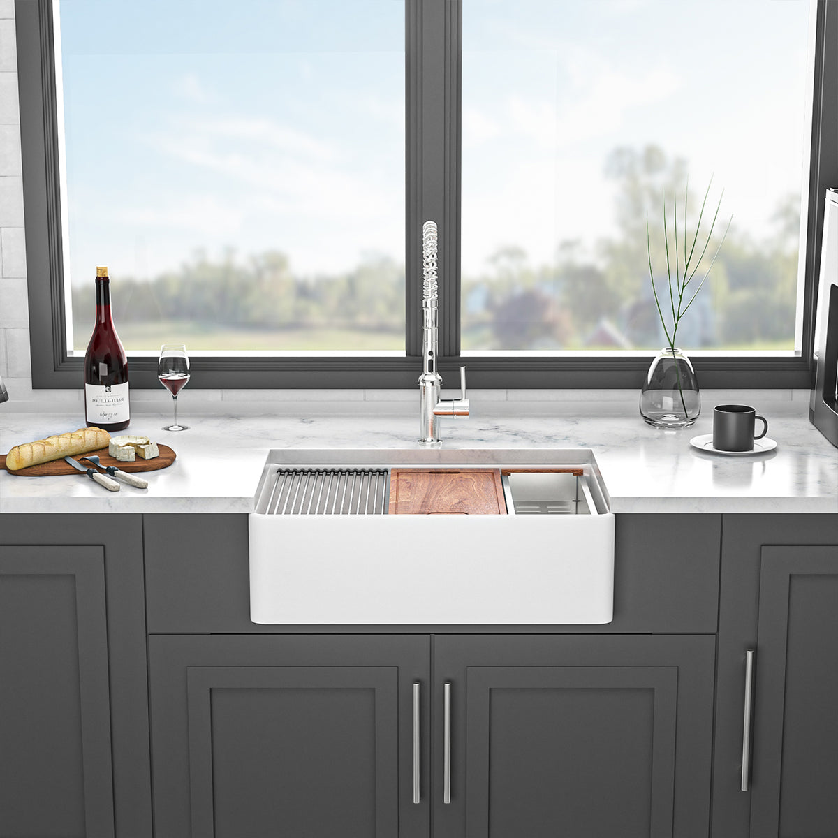 33 in. x 20 in. White Porcelain Ceramic Workstation Farmhouse Kitchen Sink, 10 in. Deep Double Bowl 50/50 Apron Front Sink with Cutting Board & Accessories