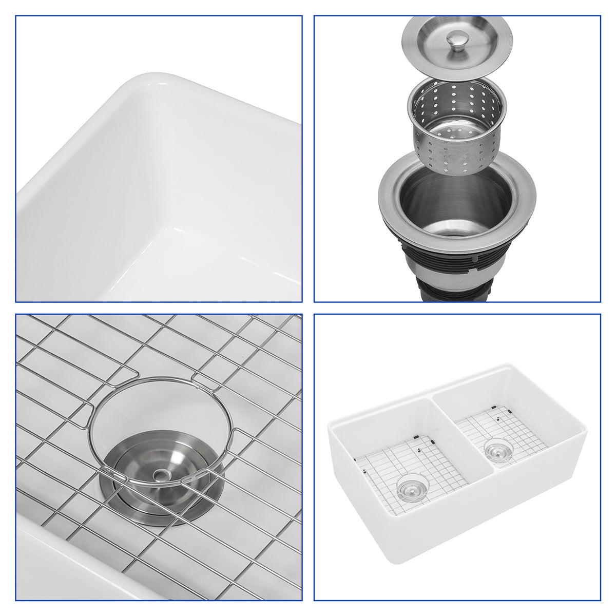 33 in. x 20 in. White Porcelain Ceramic Workstation Farmhouse Kitchen Sink, 10 in. Deep Double Bowl 50/50 Apron Front Sink with Cutting Board & Accessories