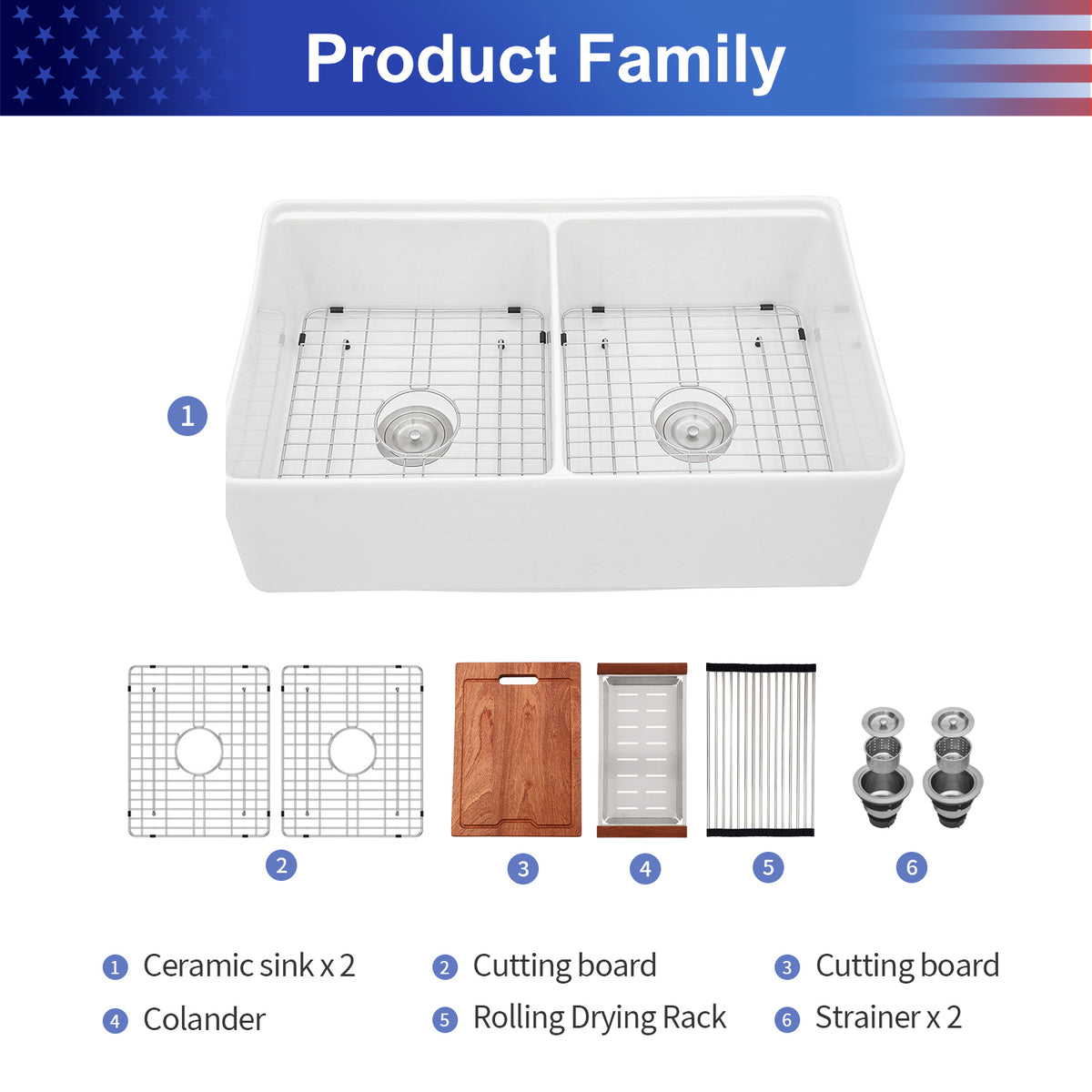33 in. x 20 in. White Porcelain Ceramic Workstation Farmhouse Kitchen Sink, 10 in. Deep Double Bowl 50/50 Apron Front Sink with Cutting Board & Accessories