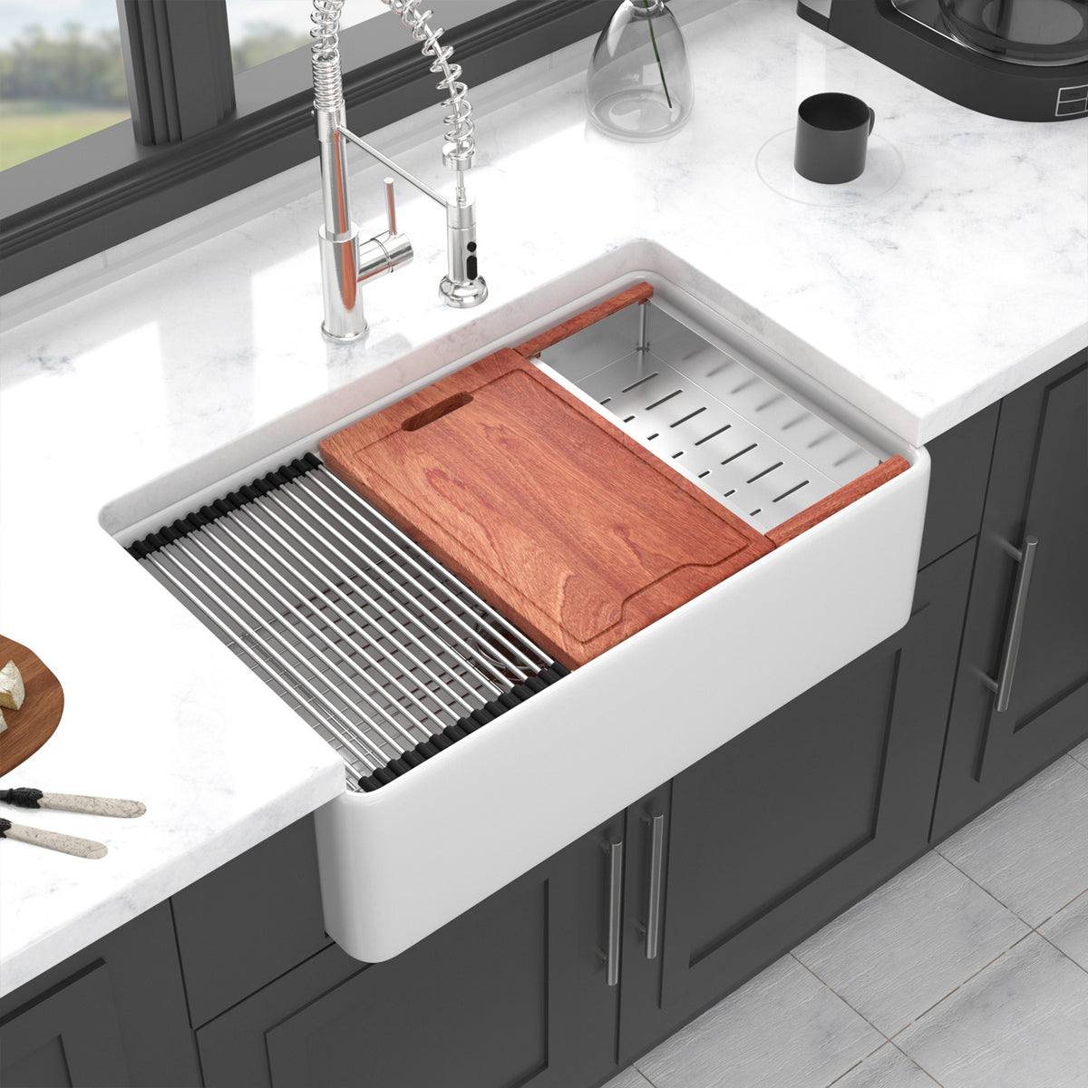 33 in. x 20 in. White Porcelain Ceramic Workstation Farmhouse Kitchen Sink, 10 in. Deep Single Bowl Apron Front Sink with Cutting Board & Accessories