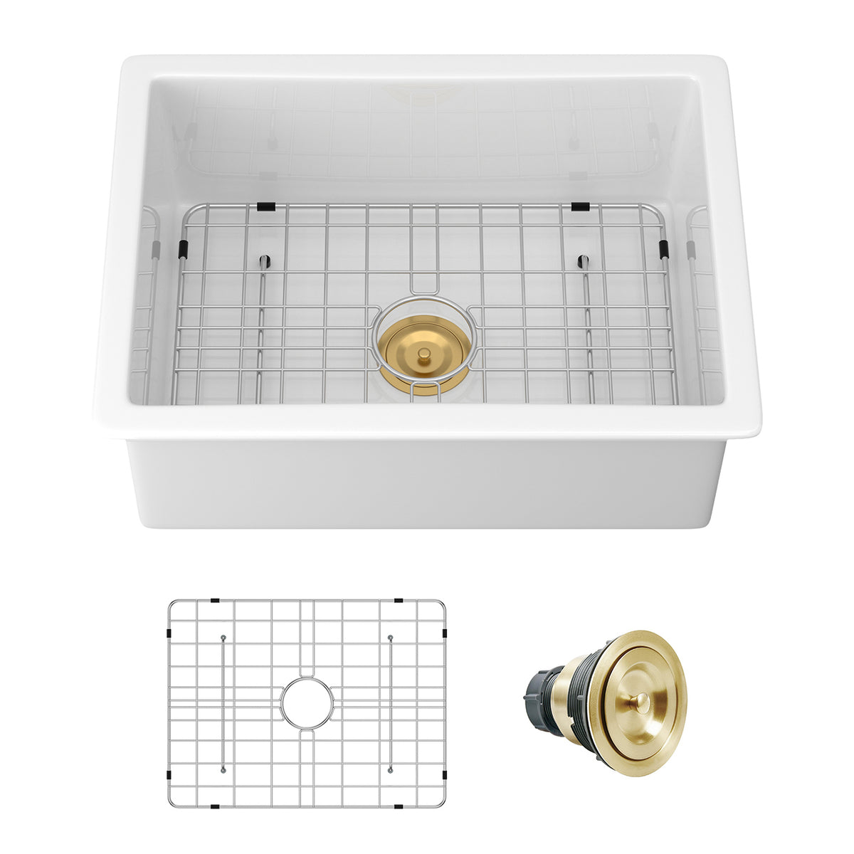 24 in. x 18 in. White Porcelain Ceramic Kitchen Sink, 9 in. Deep Single Bowl Undermount Top Mount Dual Mount Sink with Stainless Steel Grid