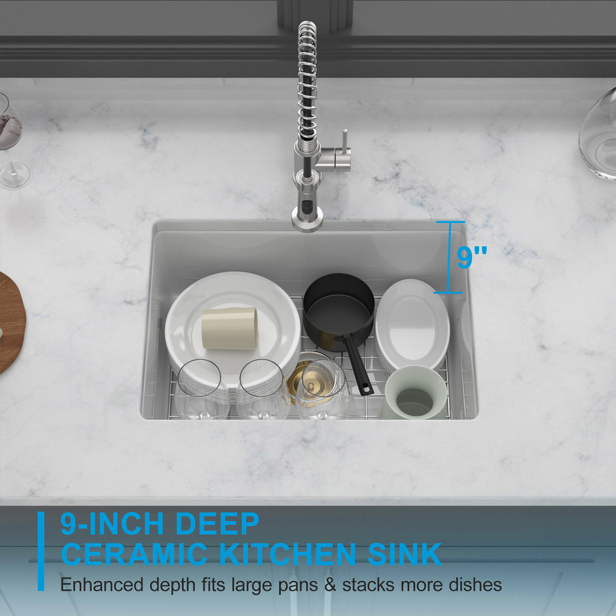 24 in. x 18 in. White Porcelain Ceramic Kitchen Sink, 9 in. Deep Single Bowl Undermount Top Mount Dual Mount Sink with Stainless Steel Grid